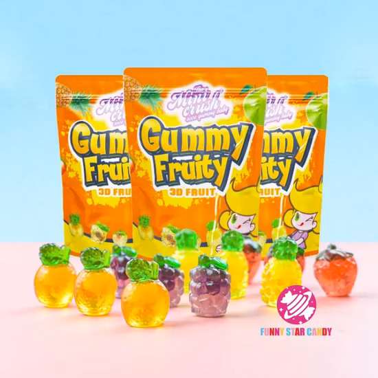 Atacado Halal OEM sem açúcar 4D em forma de fruta suculenta central rebuçados macios com enchimento de rebuçados de goma